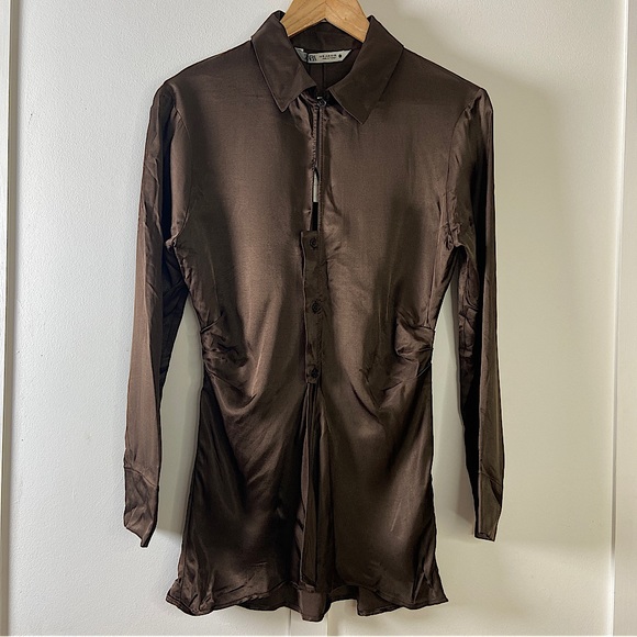 Zara Dresses & Skirts - Zara Brown Satin Mini Shirt Dress Ruched Sides - Size S